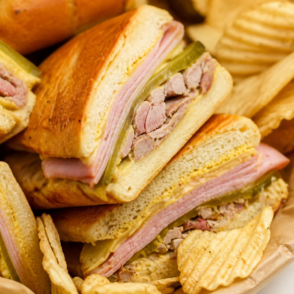 Delicious pressed Cuban sandwich with ham, roast pork, Swiss cheese, pickles, and mustard.