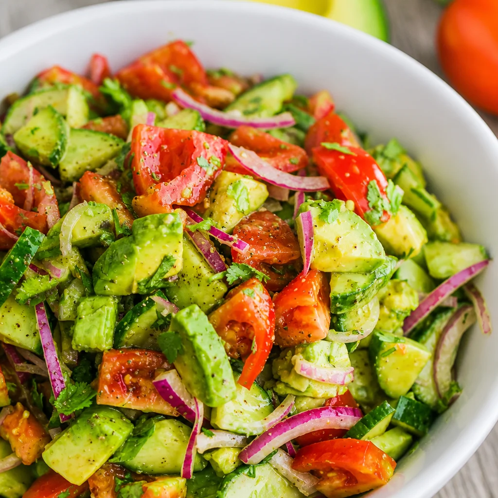 Fresh Cucumber Tomato Avocado Salad with lemon dressing in a bowl