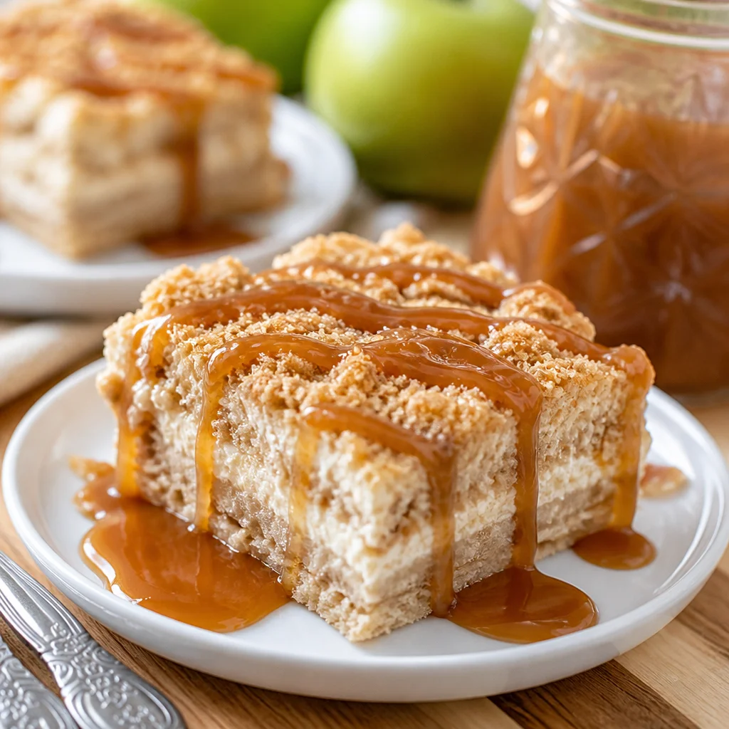 Easy Caramel Apple Cheesecake Bars with layers of cheesecake, cinnamon apples, and caramel drizzle.