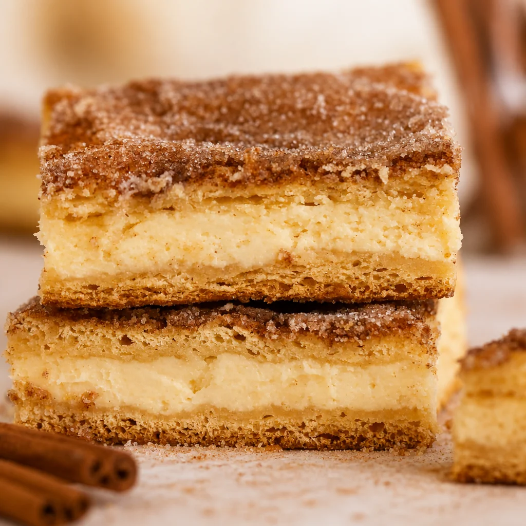 Delicious Easy Churro Cheesecake Bars with cream cheese filling and cinnamon sugar crust.