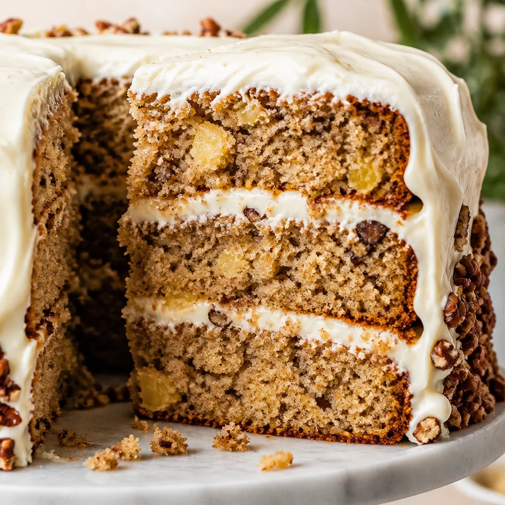 Slice of easy Hummingbird Cake with banana, pineapple, and cream cheese frosting