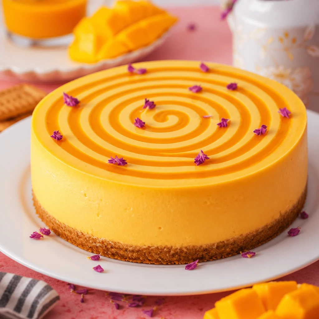 Delicious Easy Mango Cheesecake - No Bake Tropical Dessert with fresh mango topping