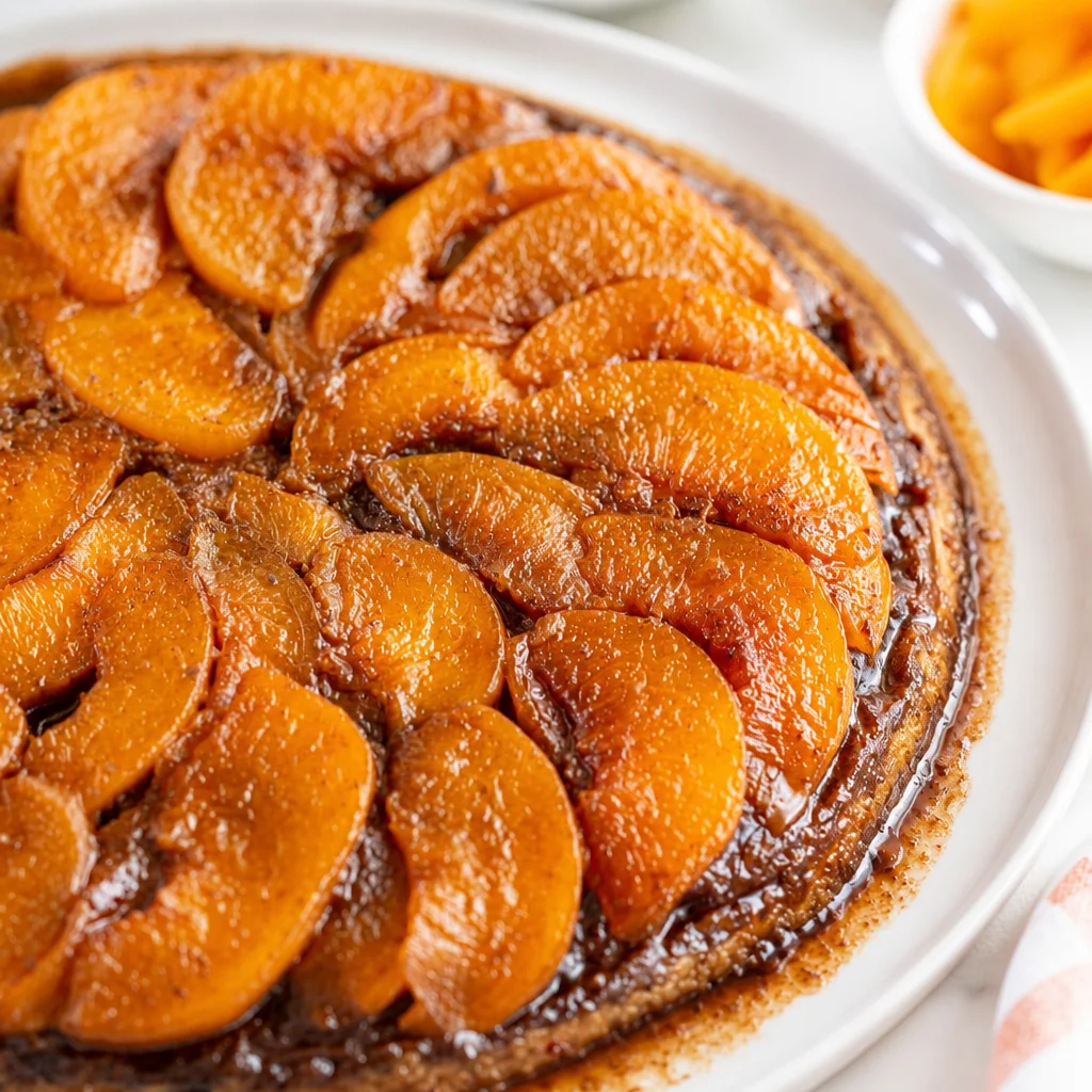 Easy Peach Upside Down Cake topped with caramelized peaches in a skillet.