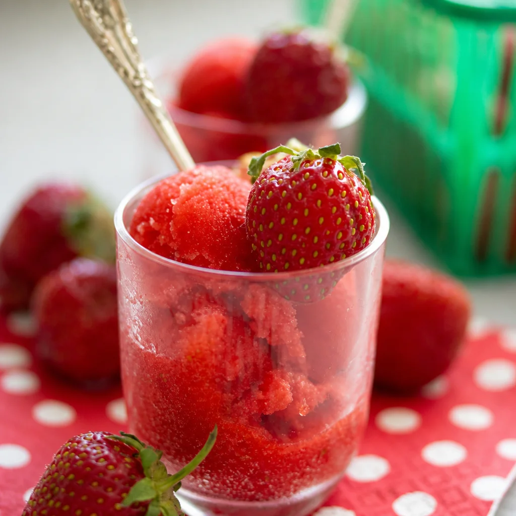 Delicious Easy Strawberry Basil Sorbet made with 3 ingredients and no ice cream maker needed.