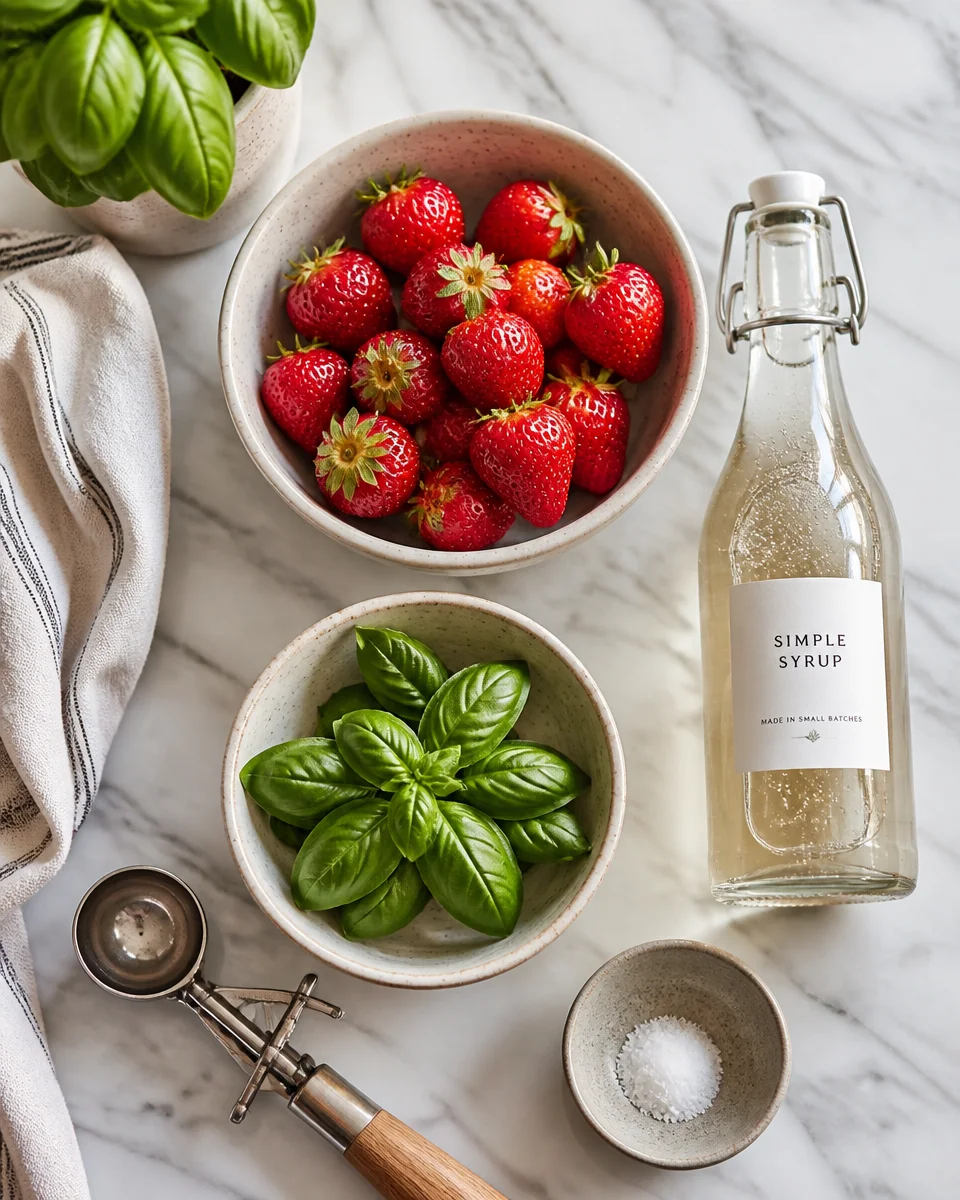Easy Strawberry Basil Sorbet " 3 Ingredient No Churn "