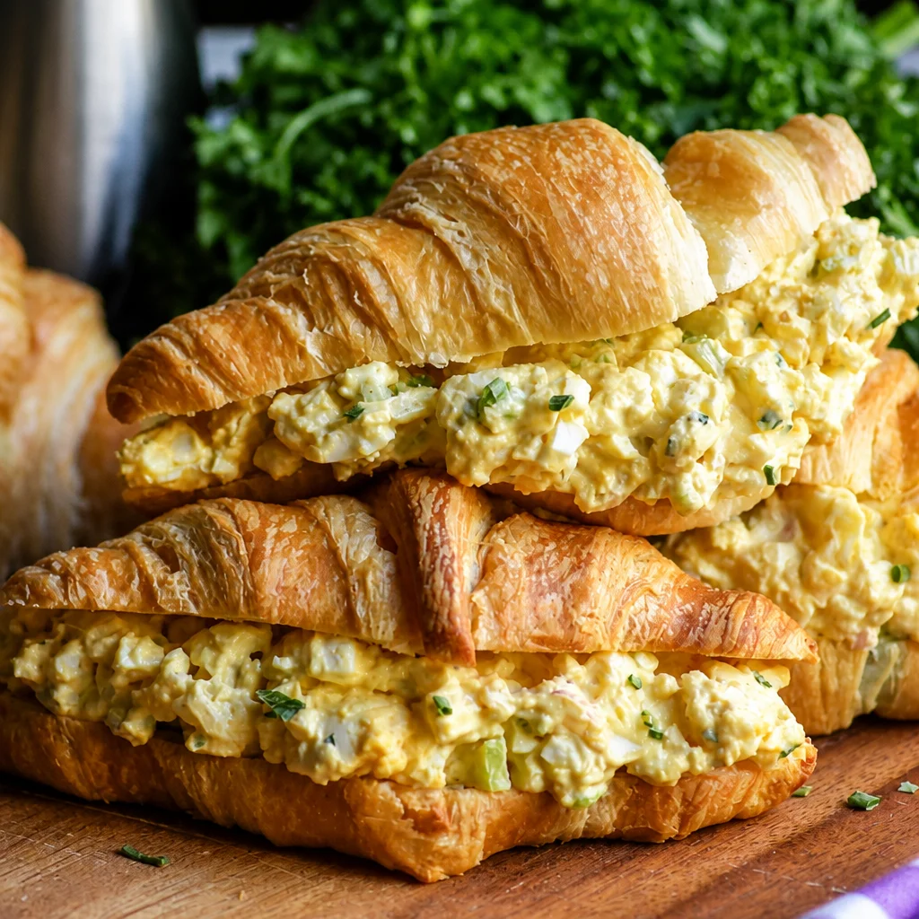 Delicious Egg Salad Croissant Sandwich with hard-boiled eggs and creamy mayo.