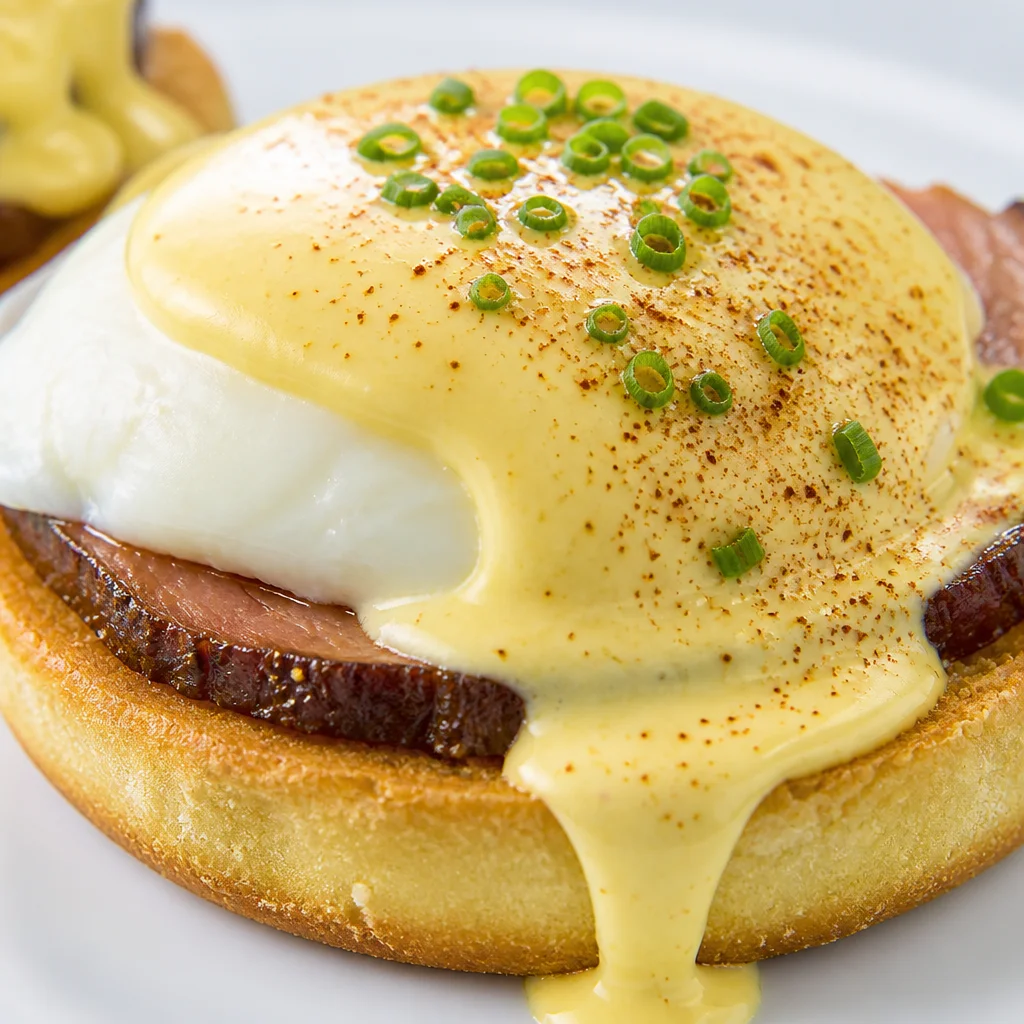 Delicious Eggs Benedict with Hollandaise Sauce served on toasted English muffin.