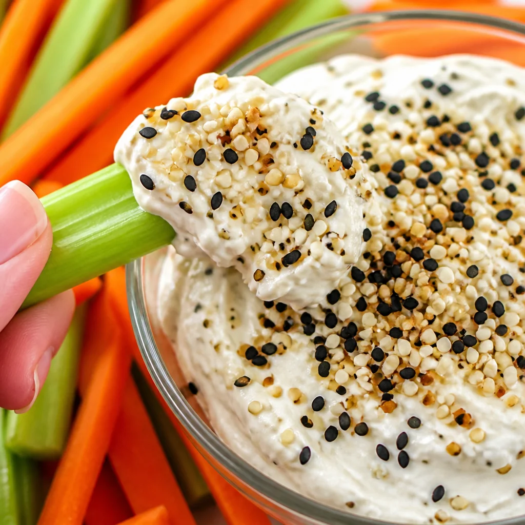 Delicious Everything Bagel Cream Cheese Dip served with bagel chips and fresh veggies.