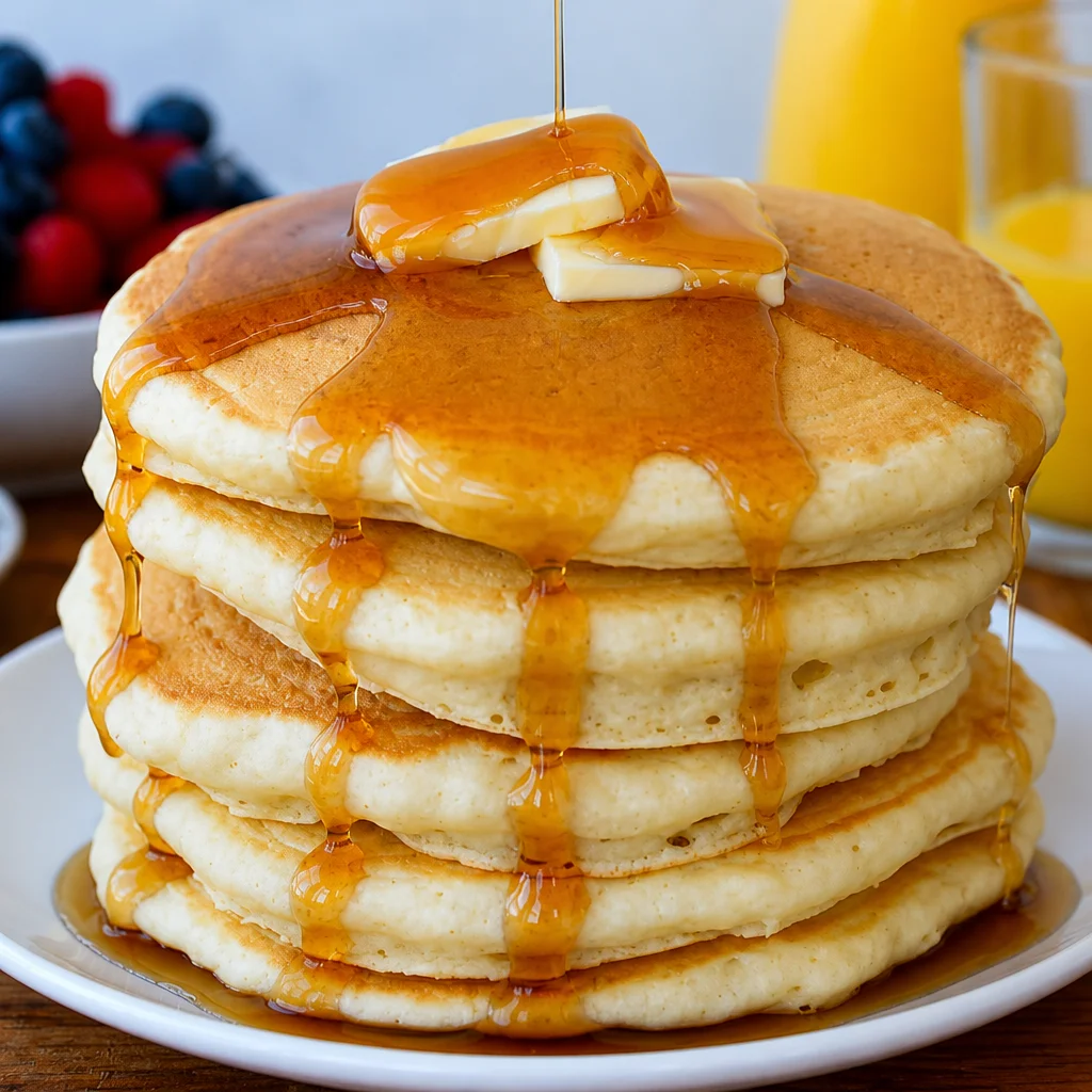 Delicious fluffy buttermilk pancakes stacked on a plate with syrup