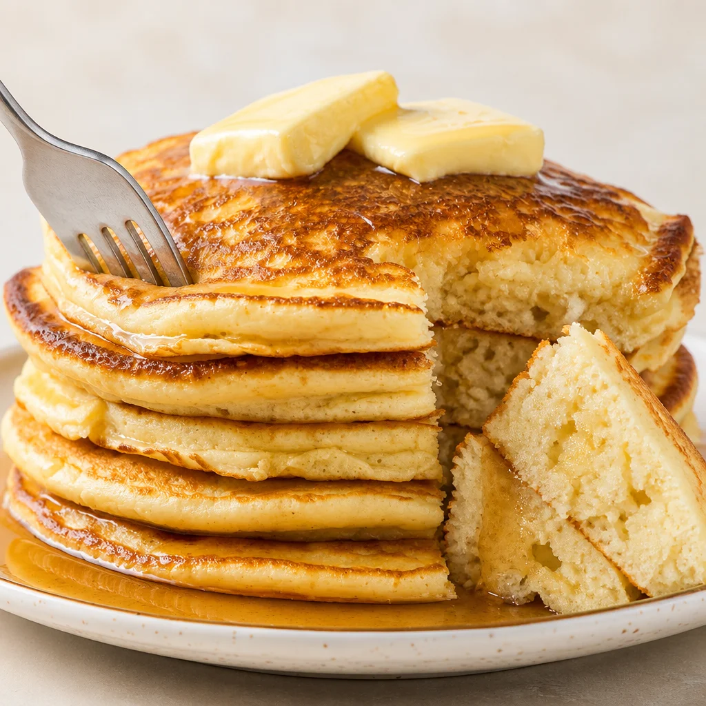 Stack of fluffy ricotta pancakes topped with fresh fruits and syrup.
