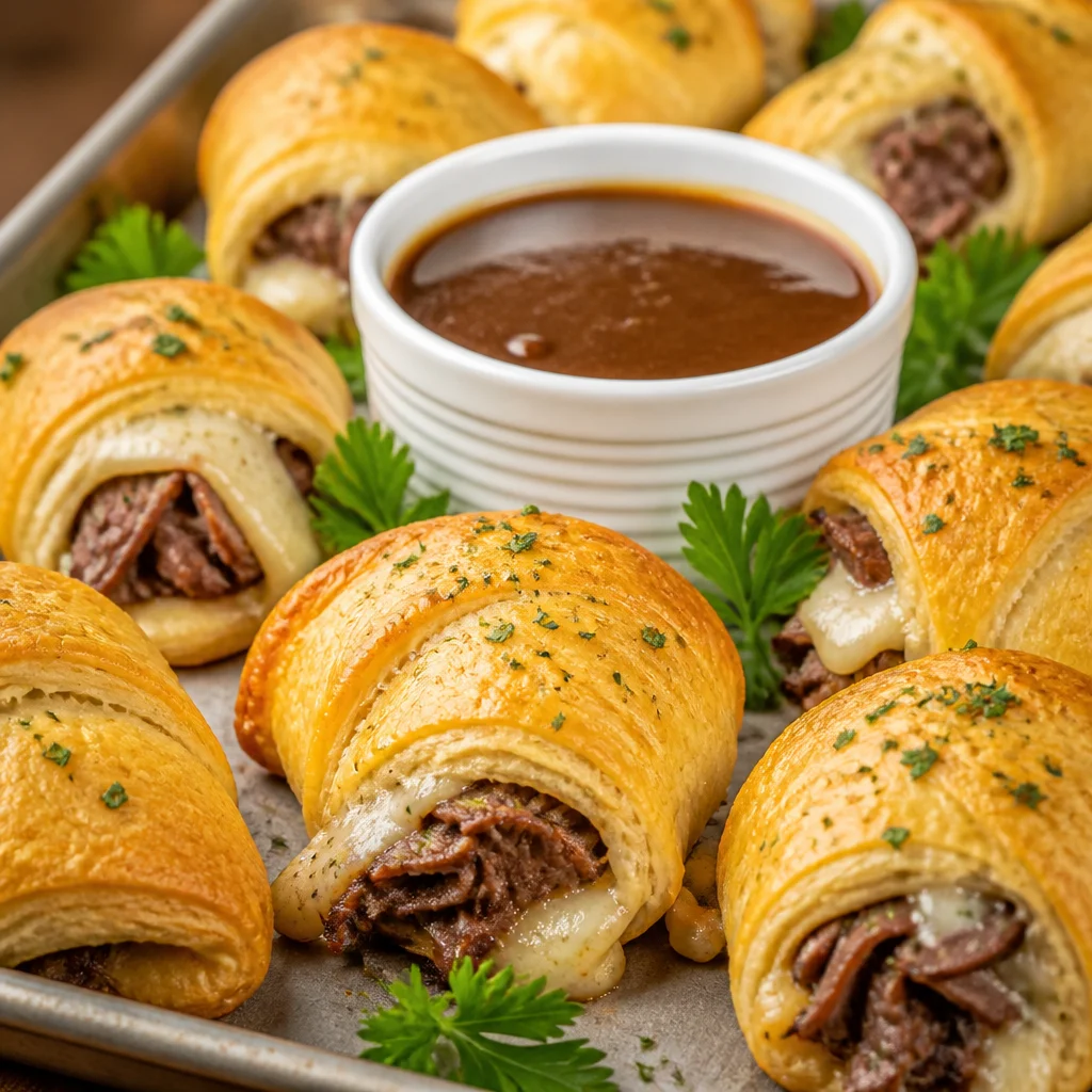French Dip Crescent Rolls with roast beef and cheese ready to serve