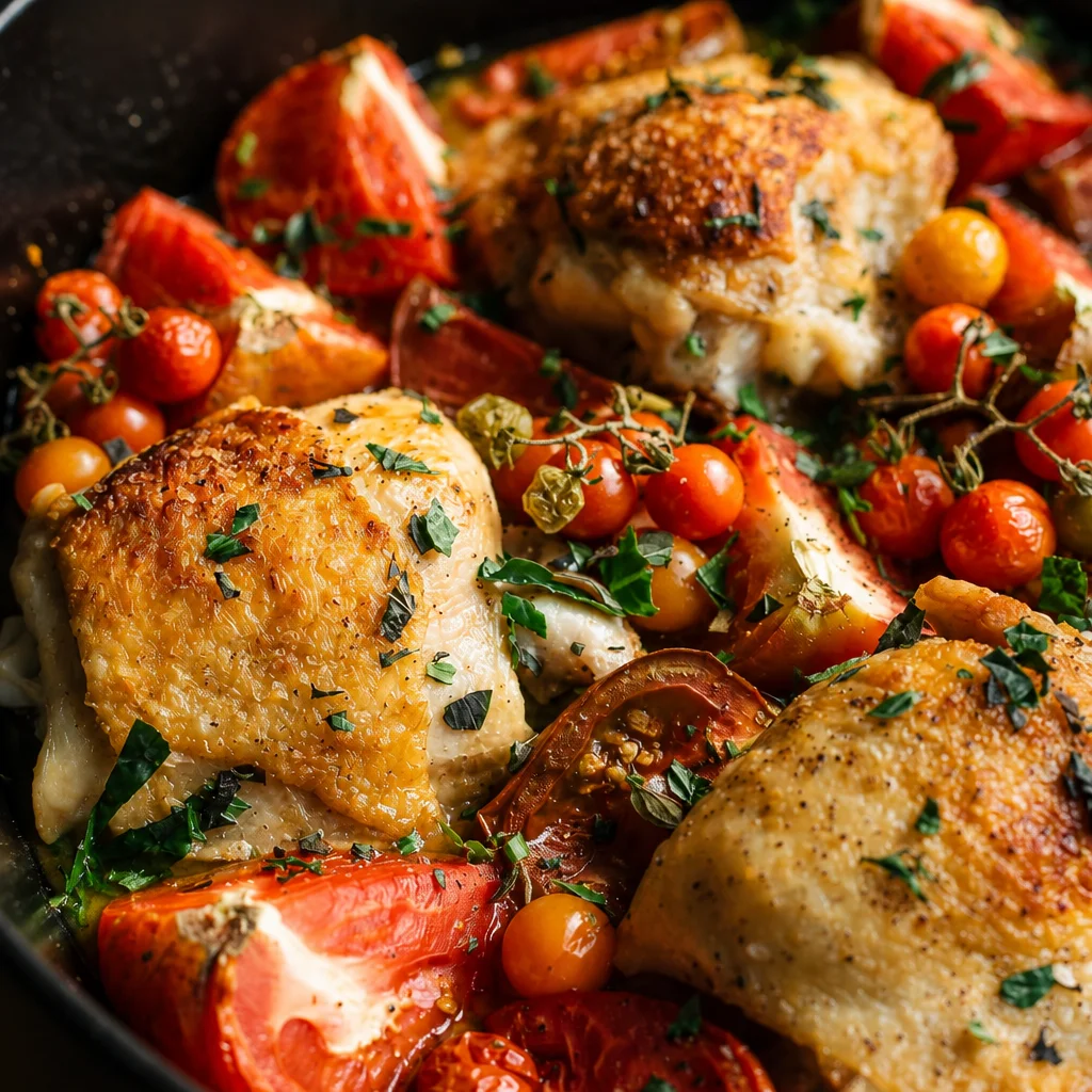 Crispy Garlic Butter Chicken Thighs served with Roasted Tomatoes for a delicious dinner.