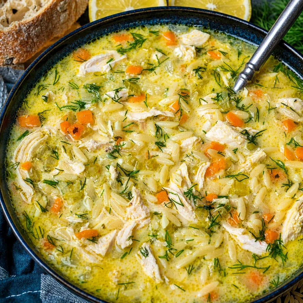 Bowl of Greek Lemon Chicken Soup (Avgolemono) garnished with lemon and herbs.