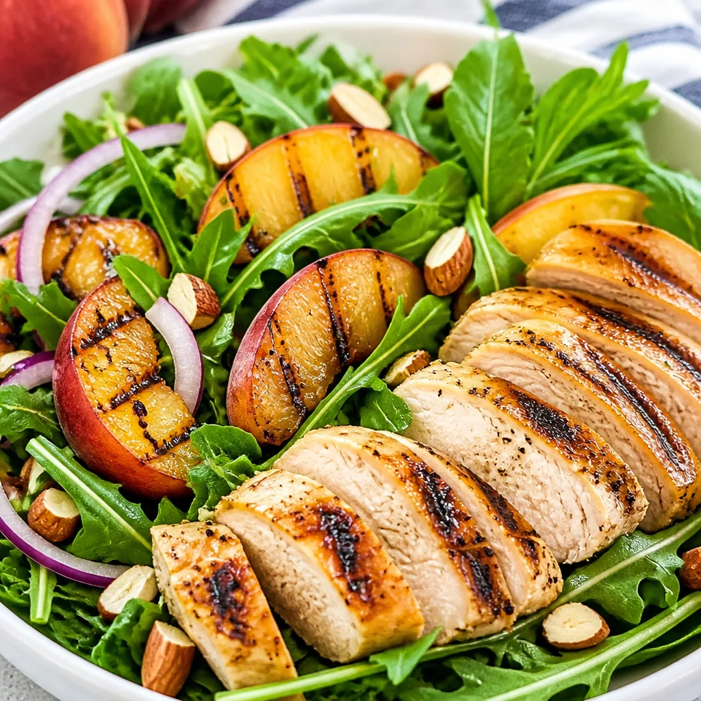 Delicious Grilled Chicken and Peach Salad with fresh arugula and honey mustard dressing.