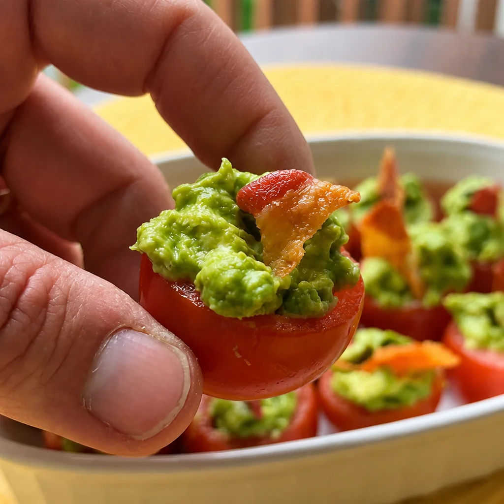 Guacamole Stuffed Cherry Tomatoes garnished and ready to serve.