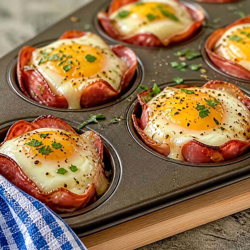 Delicious Ham and Egg Muffin Cups baked in a muffin tin, perfect for a healthy breakfast.