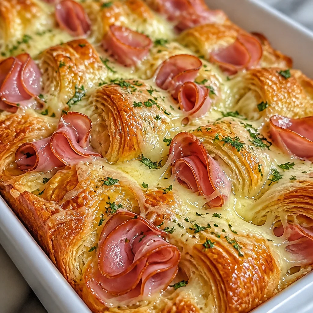 Delicious Ham and Swiss Croissant Bake loaded with cheese and savory ham.