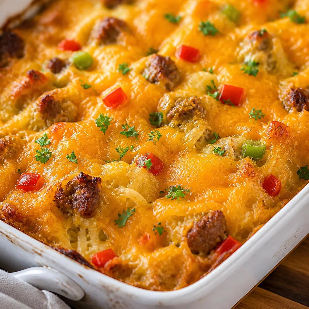 Delicious Hash Brown Breakfast Casserole with eggs, sausage, and melted cheese
