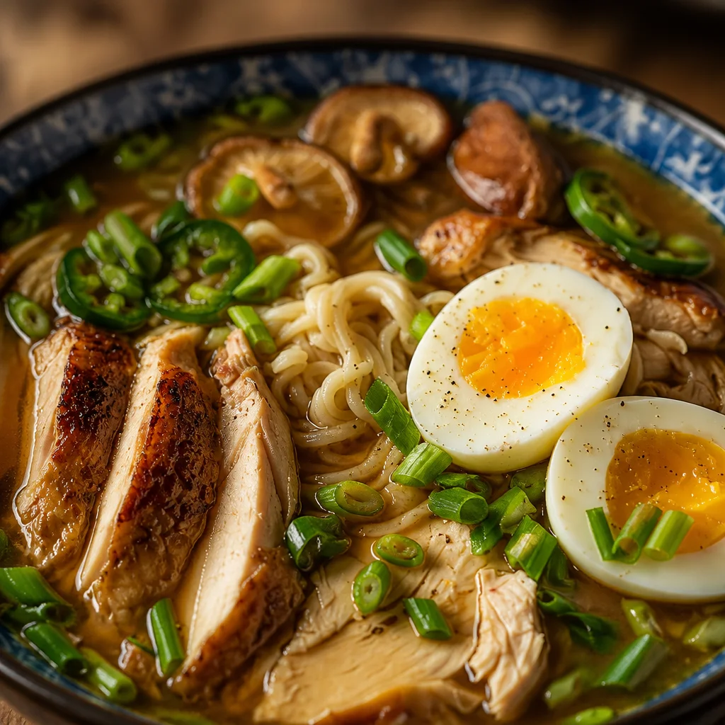 A delicious Homemade Chicken Ramen Bowl topped with noodles, chicken, and fresh vegetables.