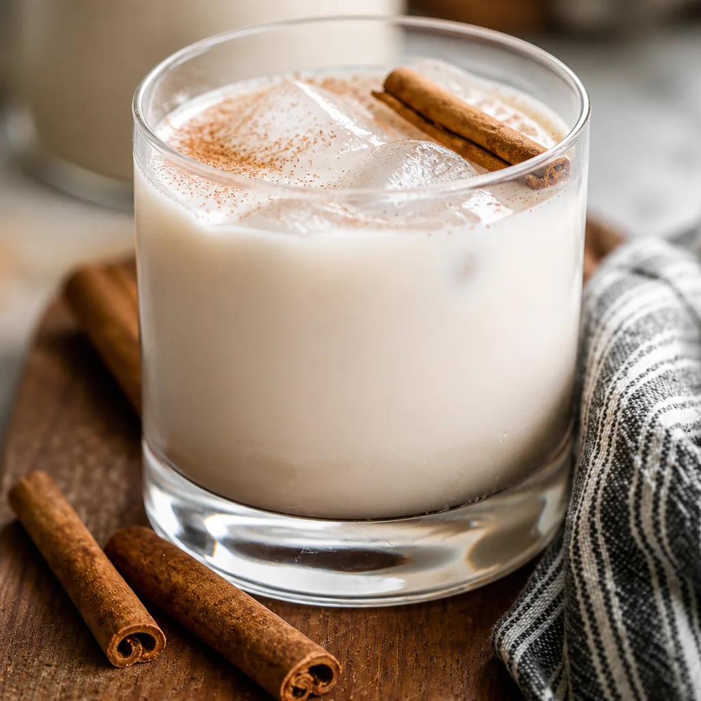 Chill glass of Homemade Horchata with cinnamon and rice garnish on a wooden table.
