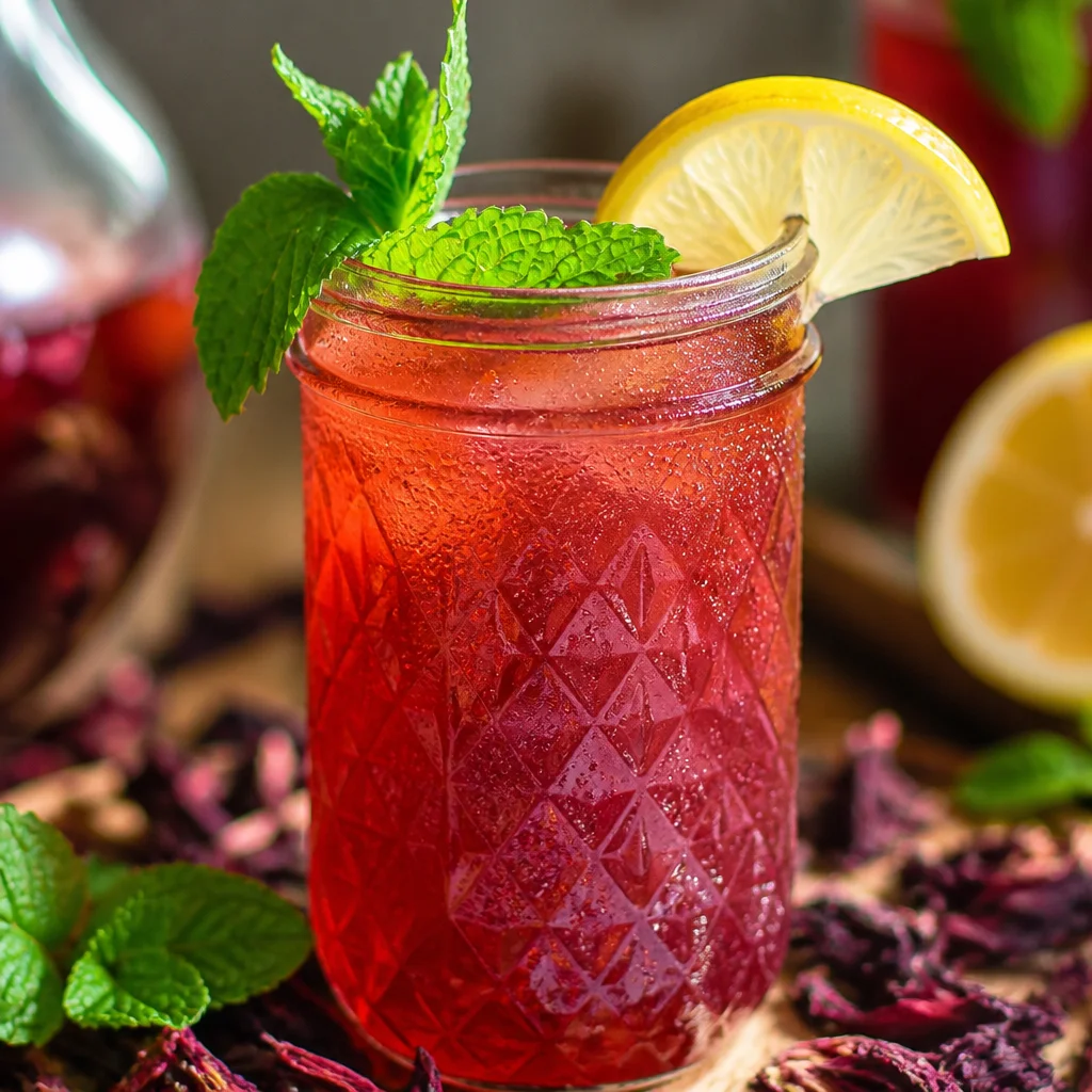 A refreshing glass of Homemade Sweet Hibiscus Tea garnished with lime.