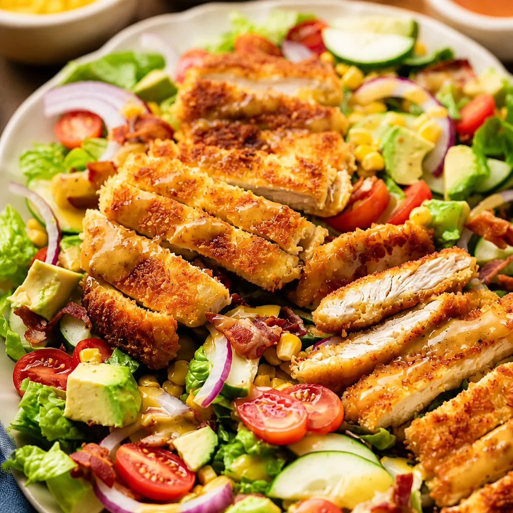 Delicious Honey Crispy Chicken Salad with fresh vegetables and honey mustard dressing.