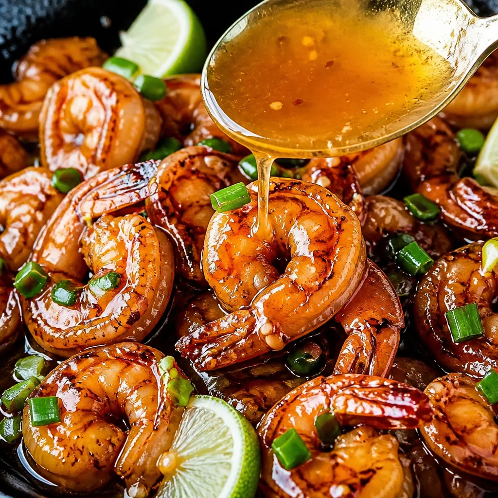 Honey Garlic Butter Shrimp Skillet with garlic and honey sauce in a pan