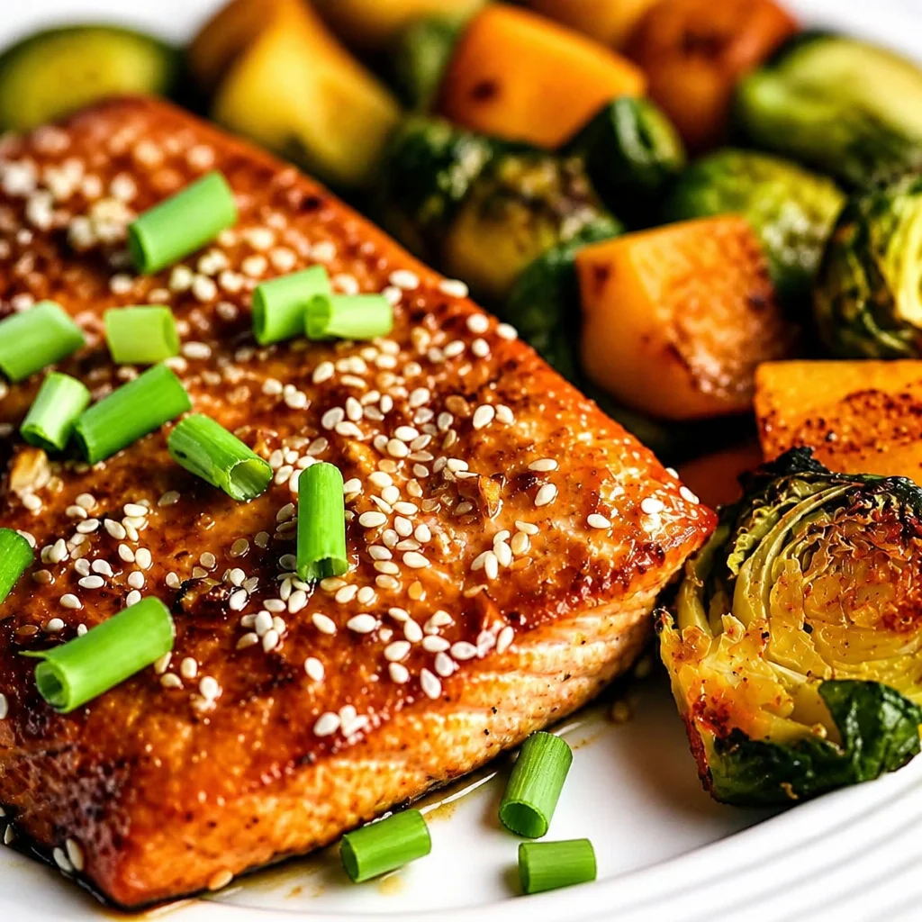 Baked Honey Soy Glazed Salmon with vegetables on a sheet pan ready to serve.