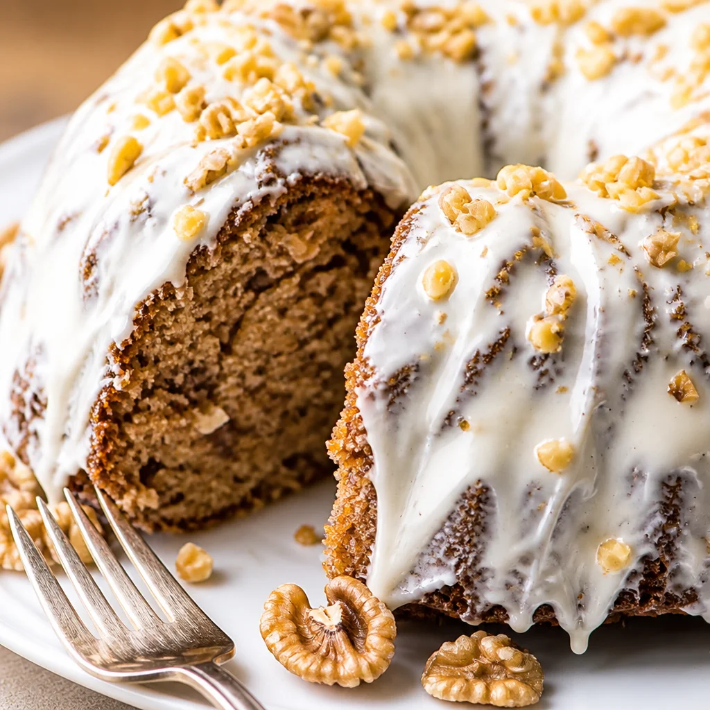 Delicious Hummingbird Bundt Cake with cream cheese glaze topped with pecans and pineapple.