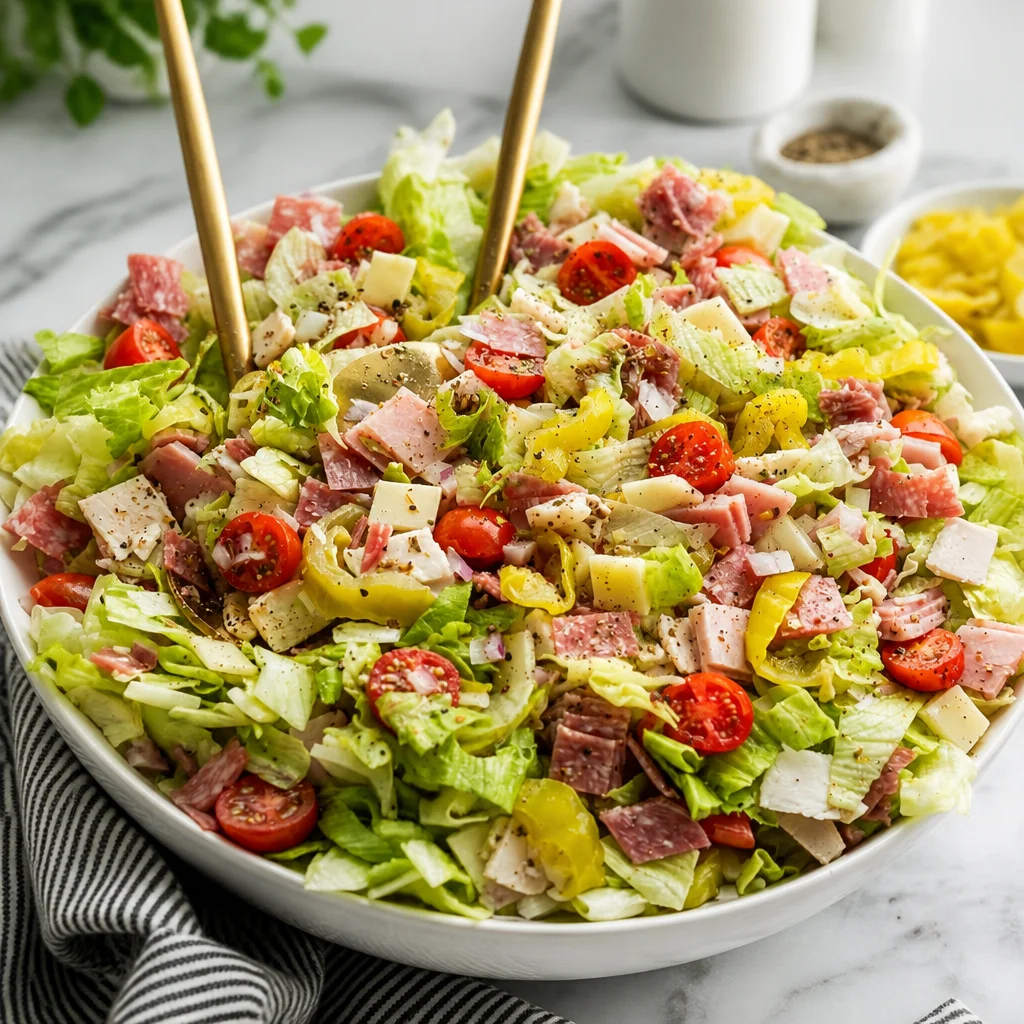 Chopped Italian Sub Salad featuring lettuce, meats, cheese, and zesty dressing.