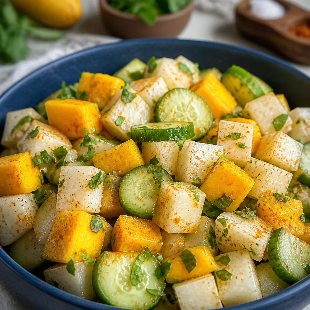 Colorful Jicama Mango Salad with Lime, garnished with cilantro and jalapeños.