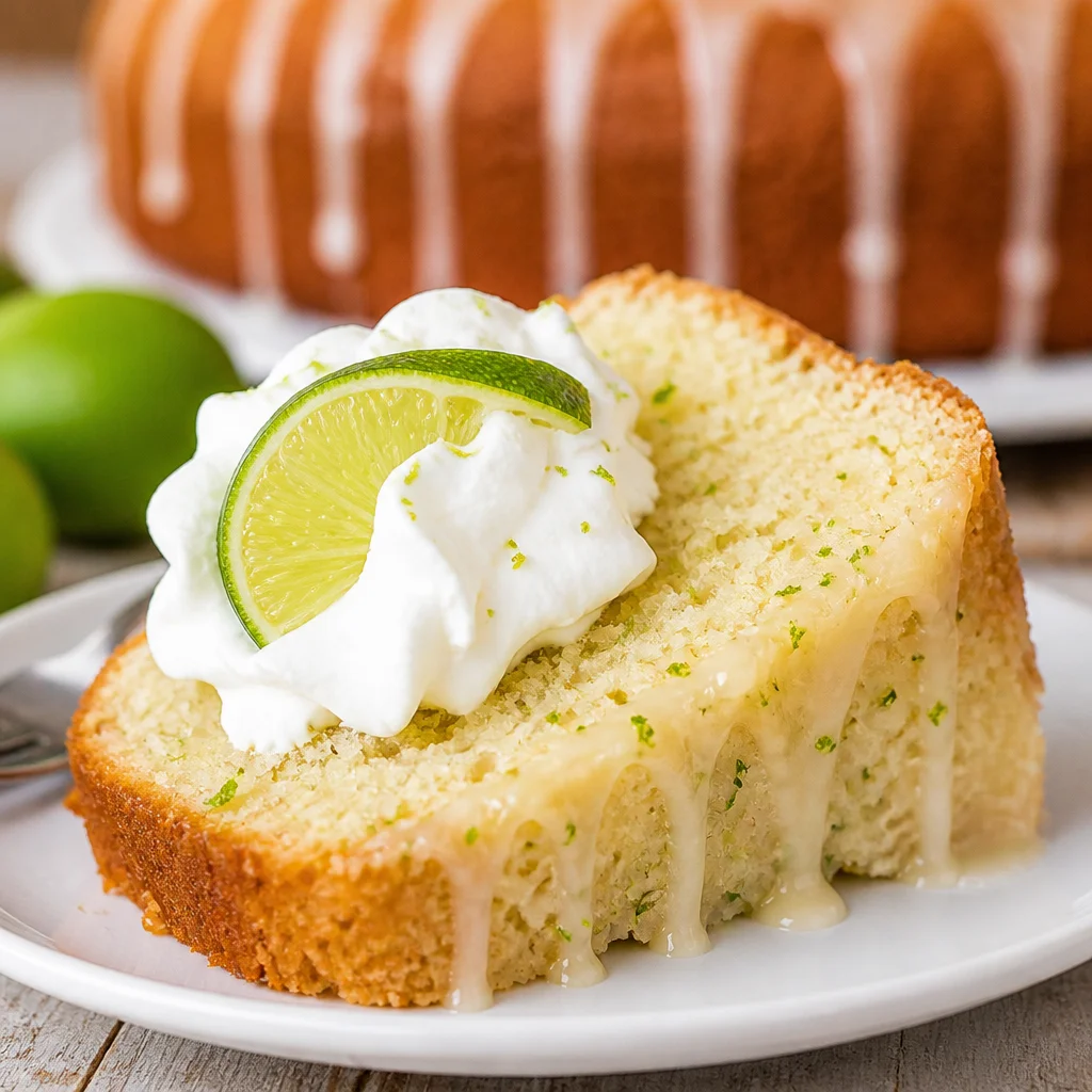 Delicious Key Lime Pound Cake with citrusy flavor and cream cheese glaze on top.