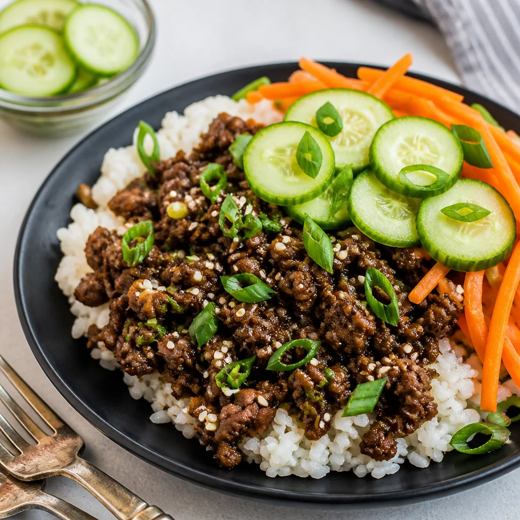Korean BBQ Beef Bowls with bulgogi beef and garlic scented rice topped with fresh veggies.