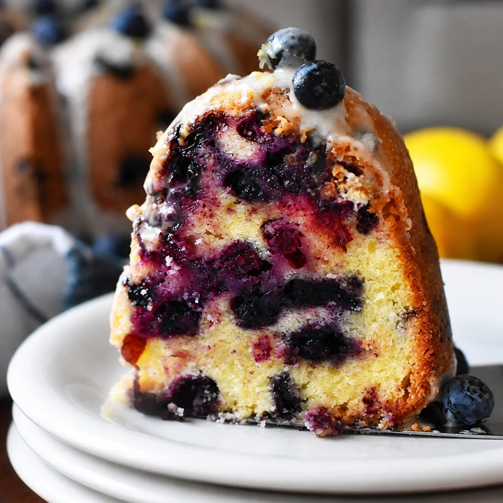 Moist Lemon Blueberry Bundt Cake topped with lemon glaze and fresh blueberries