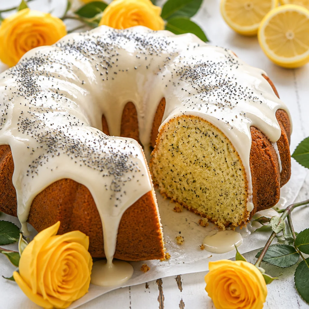 Moist Lemon Poppy Seed Bundt Cake with a sweet glaze, ideal for any occasion.