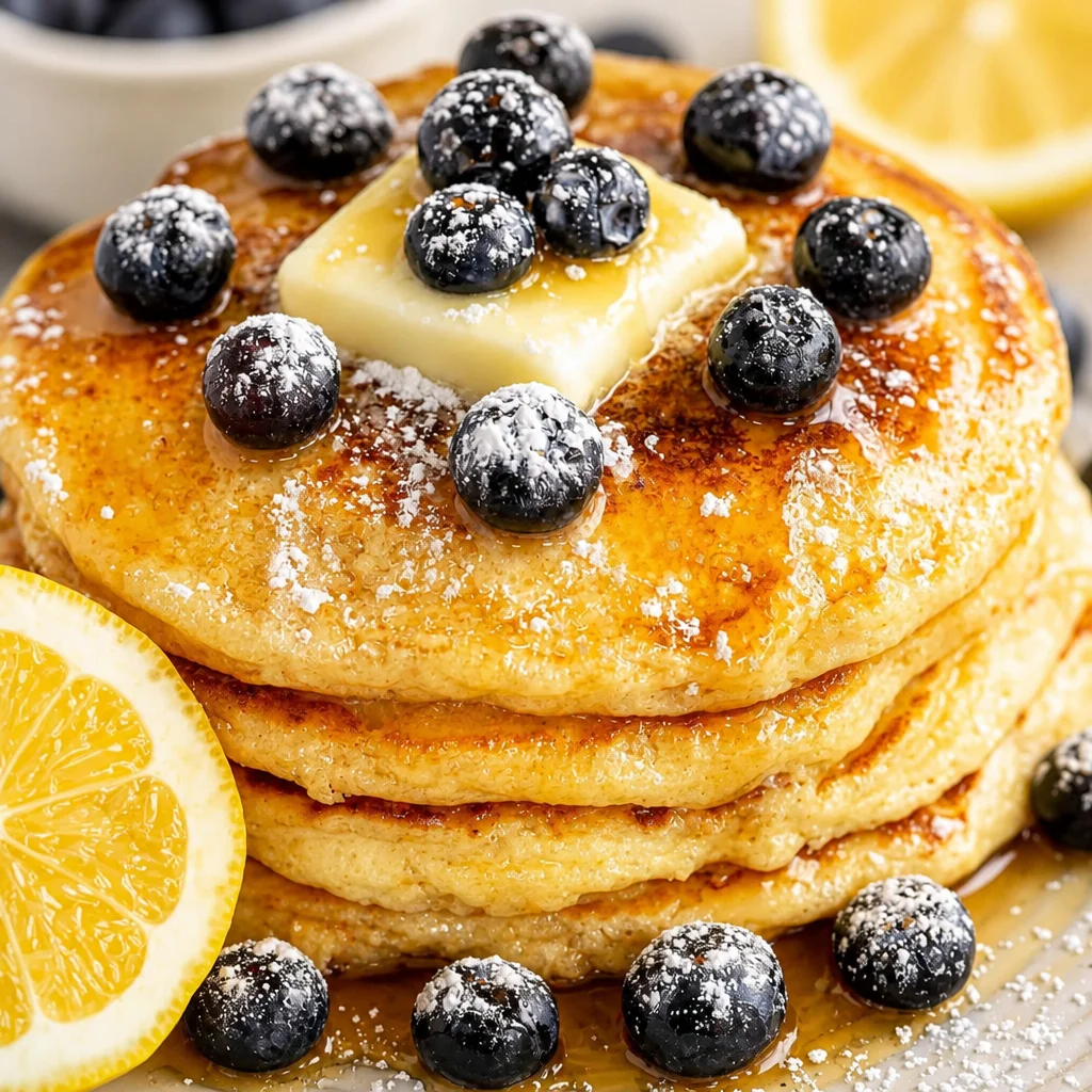 Fluffy Lemon Ricotta Pancakes topped with fresh lemon zest and syrup