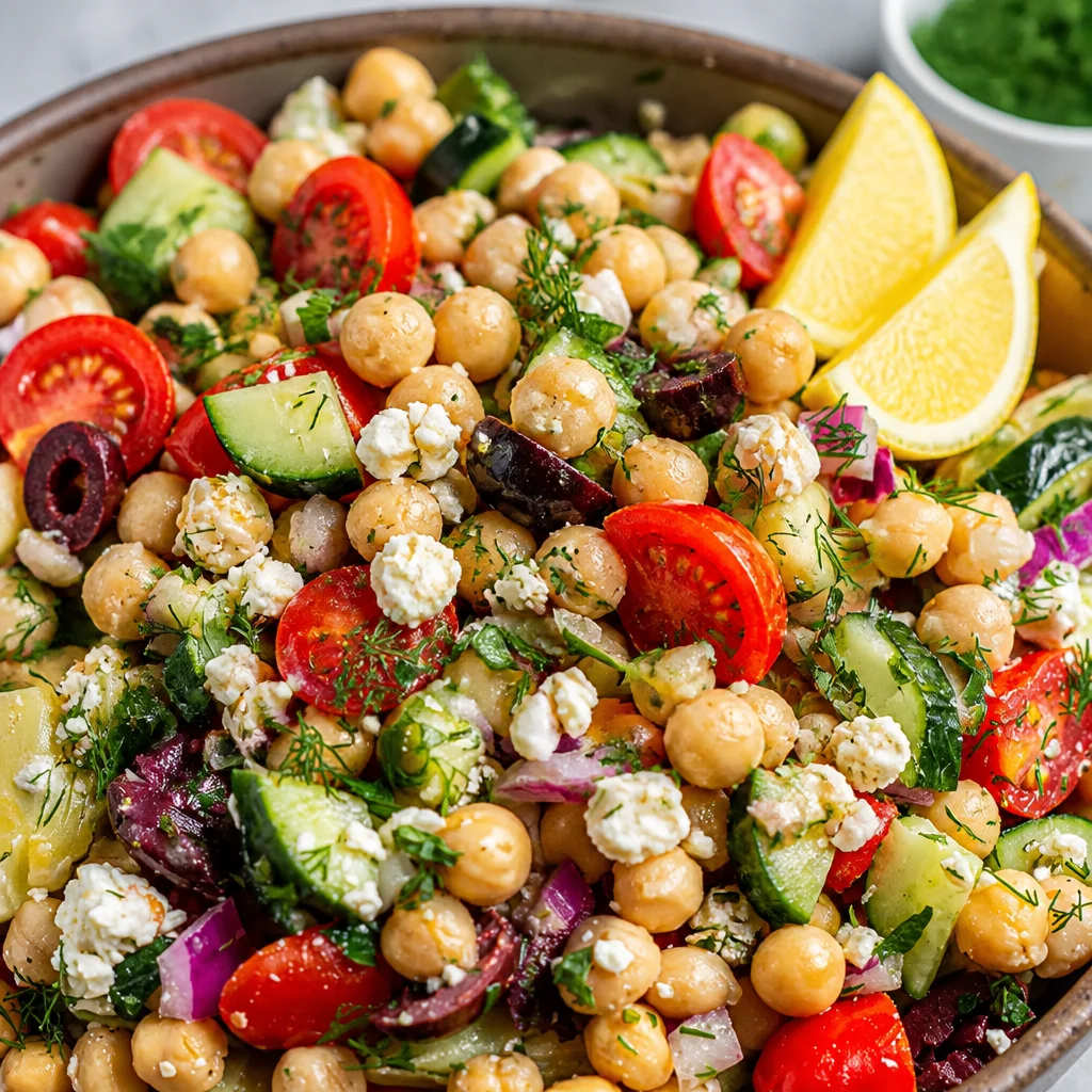 A vibrant Loaded Chickpea Greek Salad filled with fresh vegetables and feta cheese.