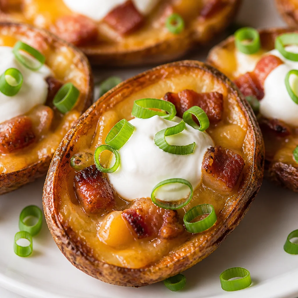 Loaded Potato Skins topped with sour cream, cheese, and crispy bacon.