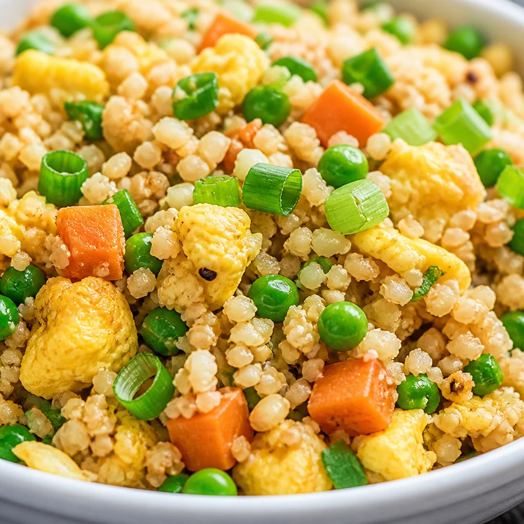 Delicious low carb cauliflower fried rice with vegetables and seasonings served in a bowl.
