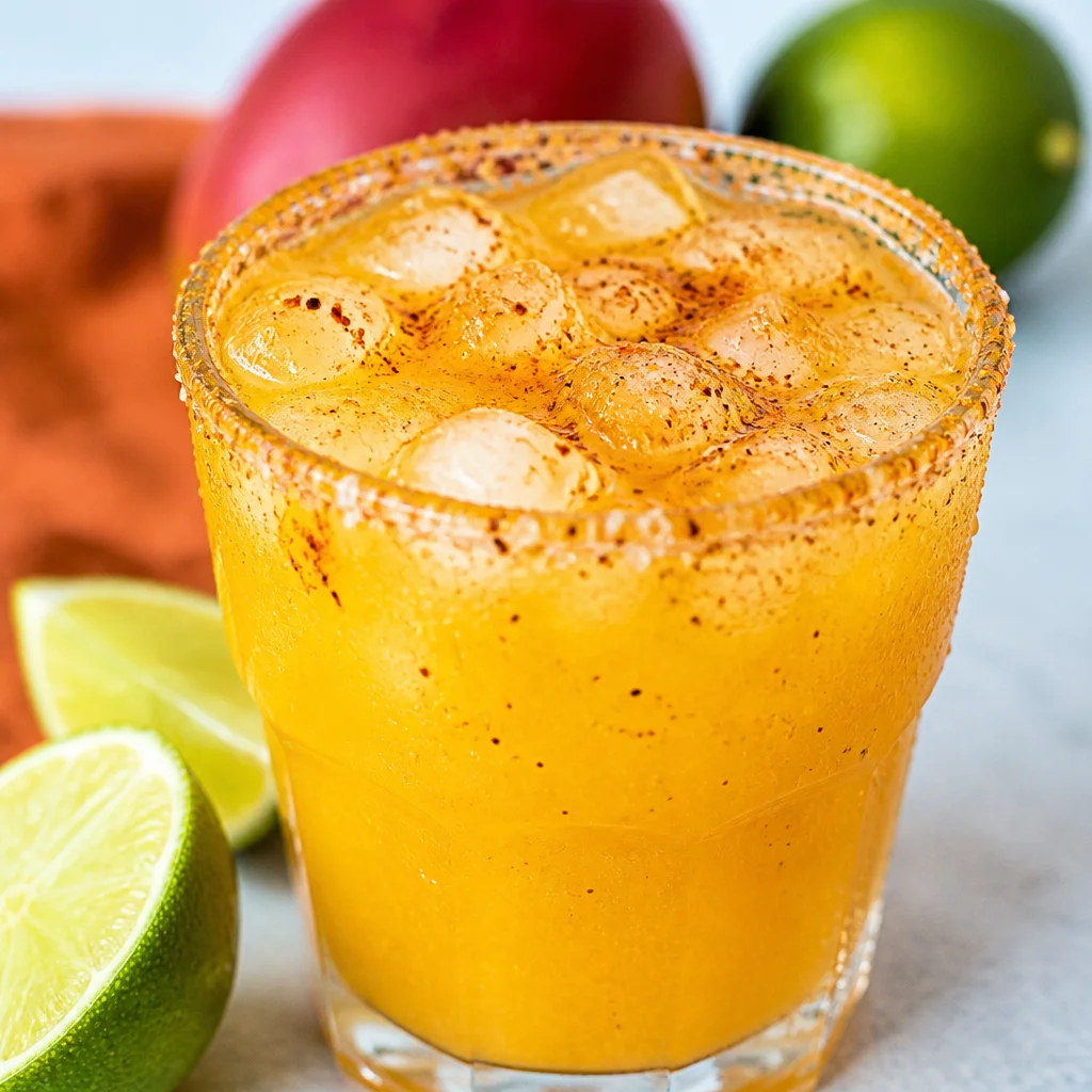 Refreshing Mango Chili Margarita served in a cocktail glass with lime garnish.