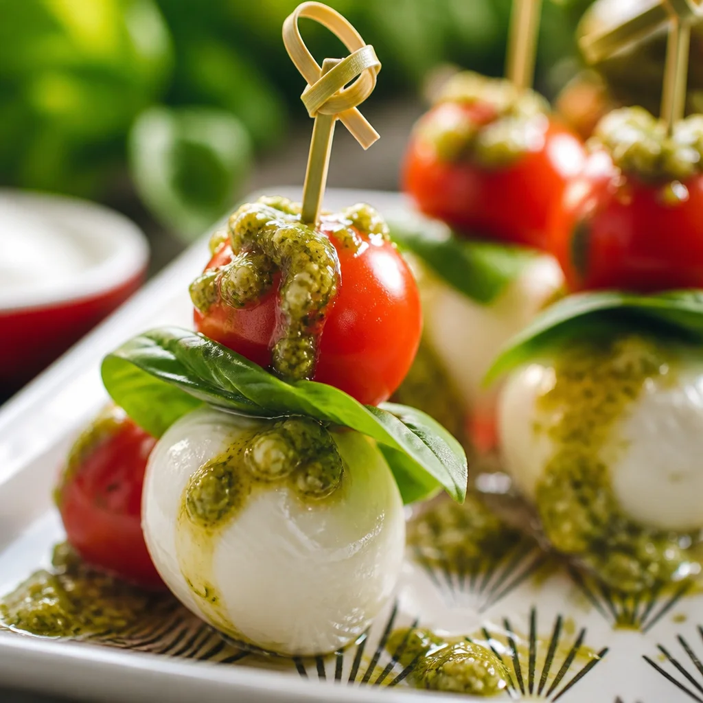 Mini Caprese Skewers with Pesto featuring cherry tomatoes and fresh mozzarella