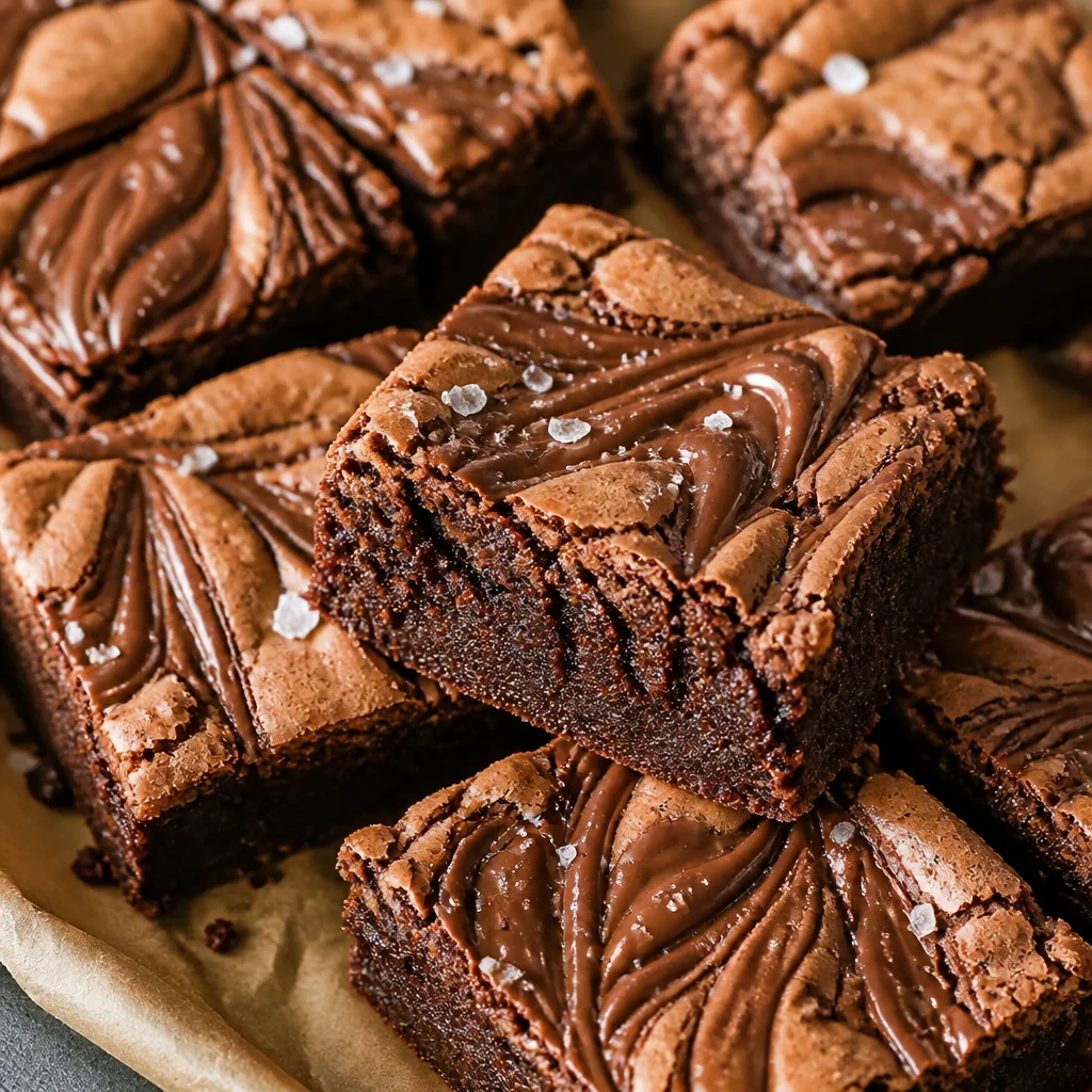 Decadent Nutella Swirl Brownies with gooey chocolate hazelnut swirls on top.