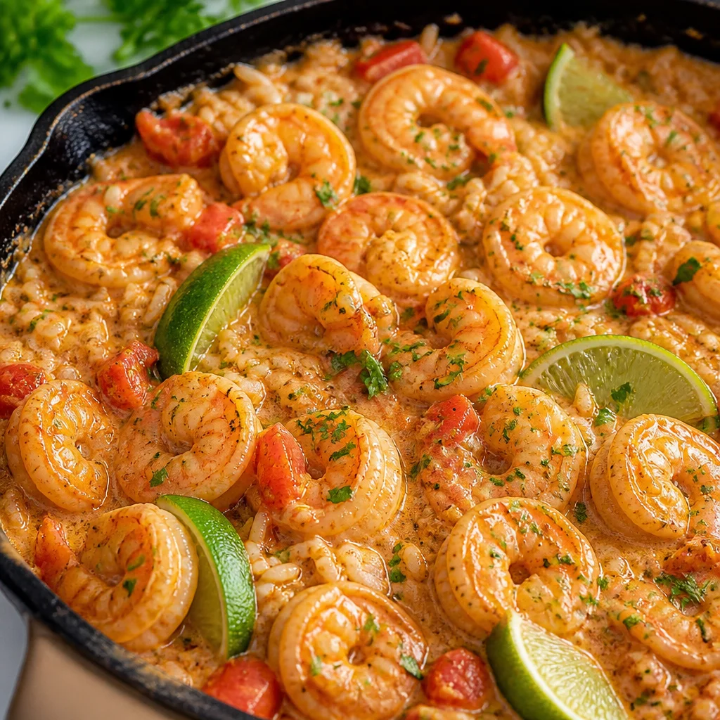 One Pan Creamy Cajun Shrimp and Rice dish, highlighting shrimp and rice in a creamy sauce.