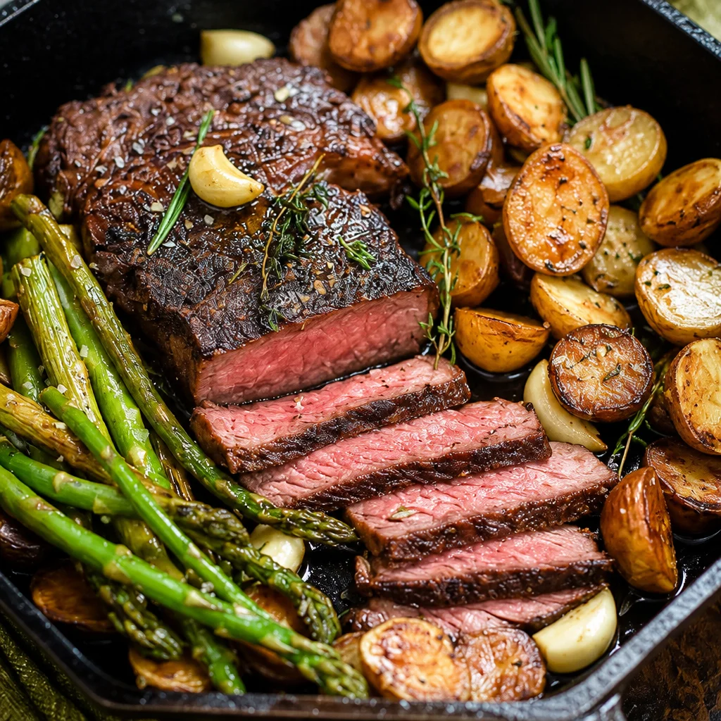 One Pan Garlic Herb Steak with Asparagus, seared and topped with garlic herb butter.
