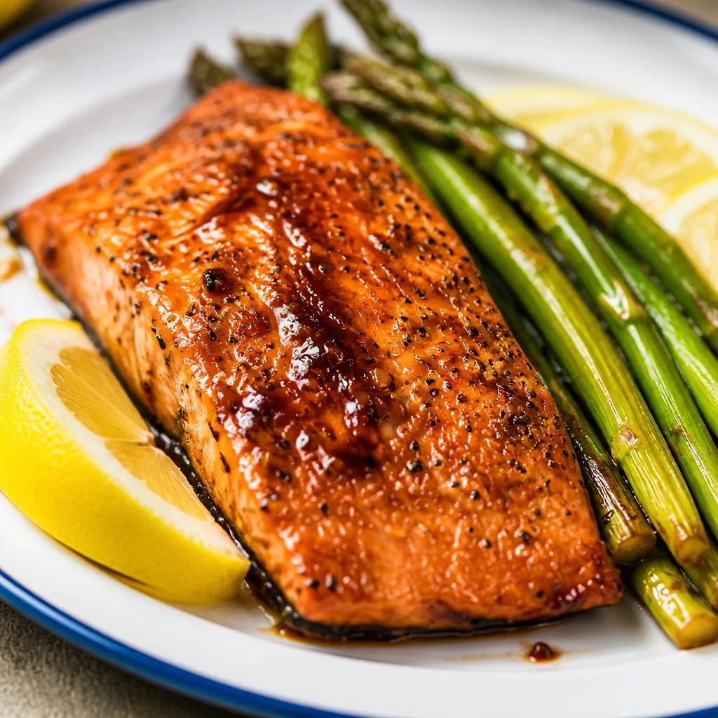 One Pan Honey Garlic Salmon with Asparagus served on a plate.