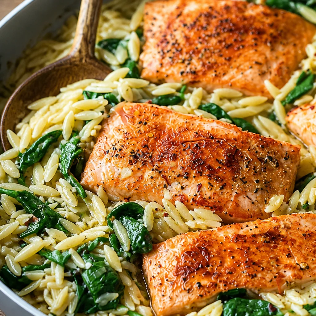 One Pan Lemon Herb Salmon with Orzo served in a skillet with vibrant colors and fresh herbs.
