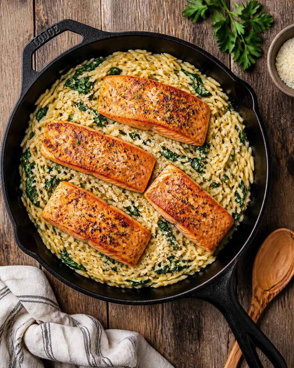 One Pan Lemon Herb Salmon with Orzo