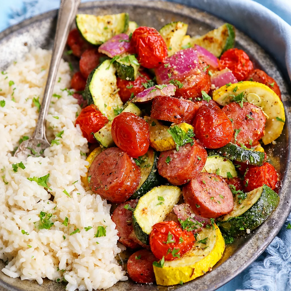 A delicious One Pan Sausage and Zucchini Pasta dish with vibrant colors and flavors.