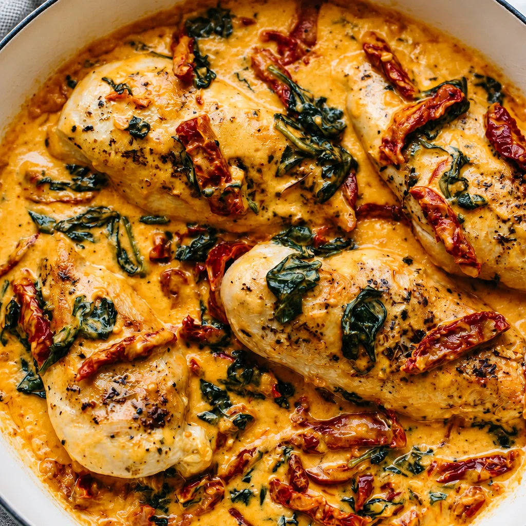 Delicious One Pan Tuscan Chicken with Sun-Dried Tomatoes and creamy garlic sauce.