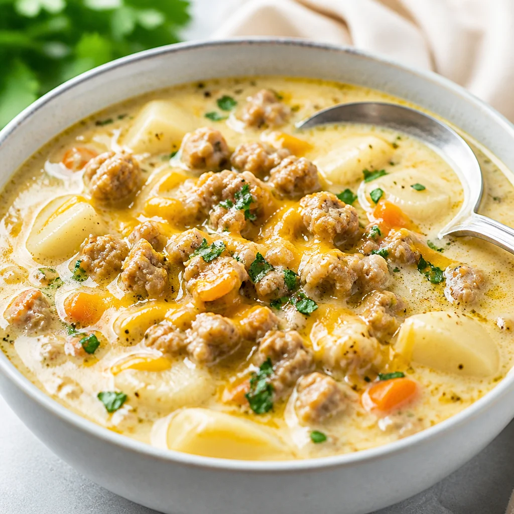 One Pot Sausage and Potato Soup served in a bowl with fresh herbs on top.